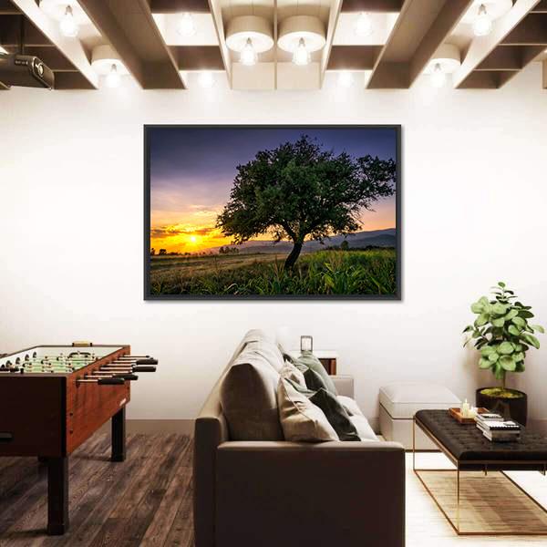 Tree By A Corn Field At Sunset Canvas Wall Art-3 Horizontal-Gallery Wrap-25" x 16"-Tiaracle