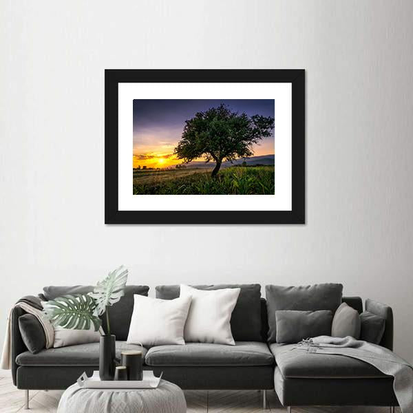 Tree By A Corn Field At Sunset Canvas Wall Art-3 Horizontal-Gallery Wrap-25" x 16"-Tiaracle