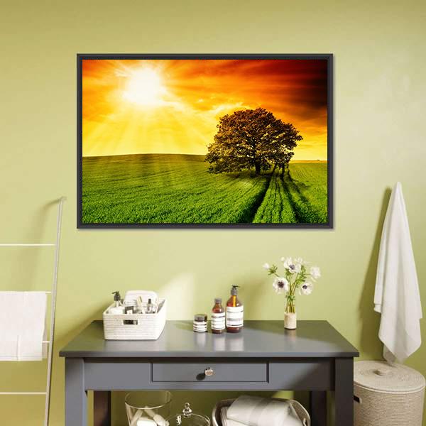 Tree In Field At Sunset Canvas Wall Art-1 Piece-Floating Frame-24" x 16"-Tiaracle