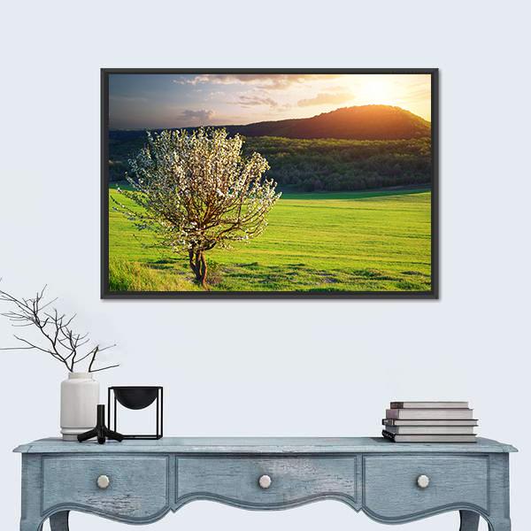 Tree In Mountain Meadow Canvas Wall Art-1 Piece-Floating Frame-24" x 16"-Tiaracle