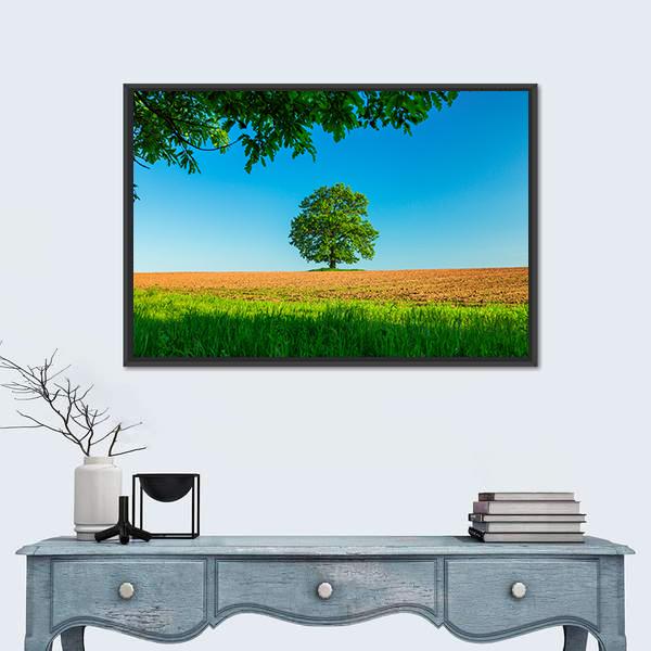Tree In The Field And Blue Sky Canvas Wall Art-1 Piece-Floating Frame-24" x 16"-Tiaracle