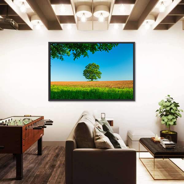 Tree In The Field And Blue Sky Canvas Wall Art-3 Horizontal-Gallery Wrap-25" x 16"-Tiaracle