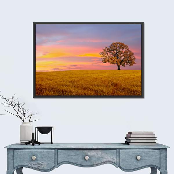 Tree In The Field With Clouds Canvas Wall Art-1 Piece-Floating Frame-24" x 16"-Tiaracle