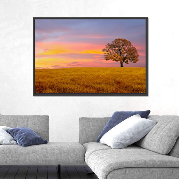 Tree In The Field With Clouds Canvas Wall Art-3 Horizontal-Gallery Wrap-25" x 16"-Tiaracle