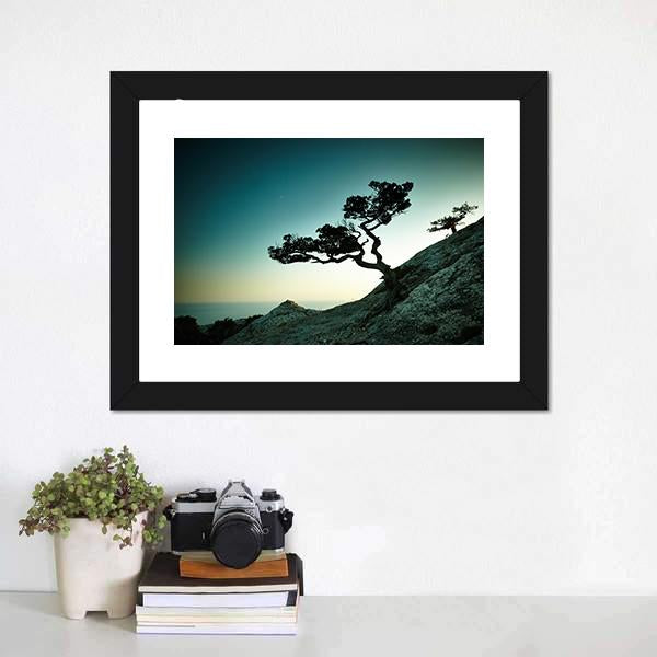 Tree &amp; Sea At Sunset Canvas Wall Art-1 Piece-Framed Print-30" x 20"-Tiaracle
