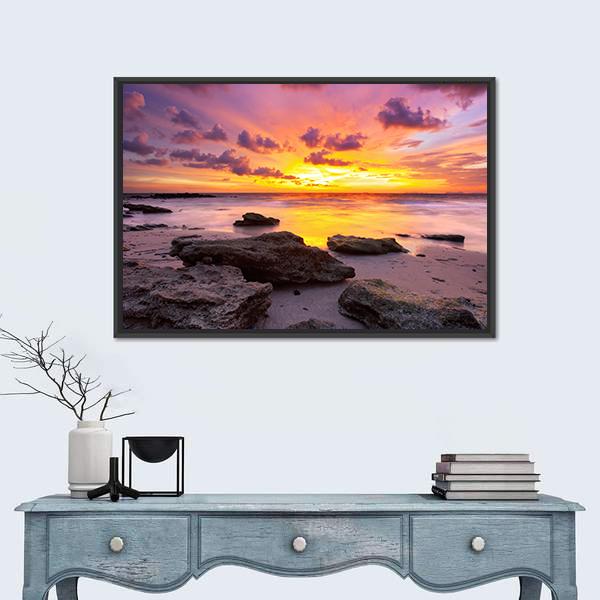 Tropical Beach At Sunset Canvas Wall Art-1 Piece-Floating Frame-36" x 24"-Tiaracle