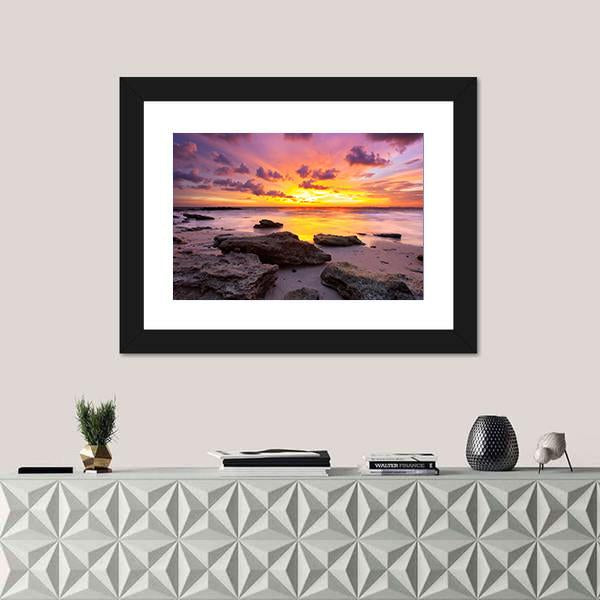 Tropical Beach At Sunset Canvas Wall Art-1 Piece-Framed Print-30" x 20"-Tiaracle