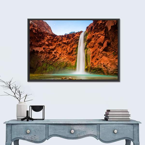 Turquoise Waters of Mooney Falls Canvas Wall Art in brown, orange and blue, framed canvas, product view on a white background