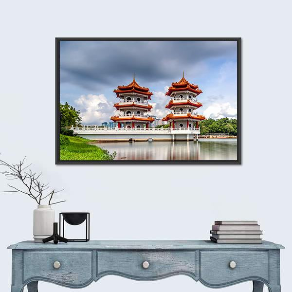 Twin Pagoda China Canvas Wall Art-1 Piece-Floating Frame-36" x 24"-Tiaracle