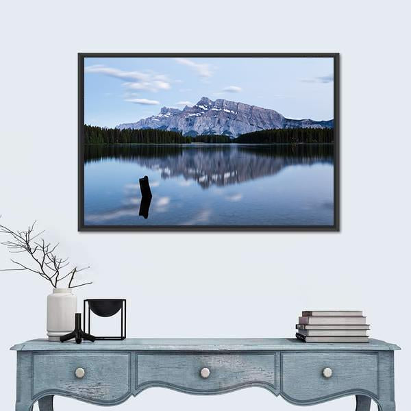 Two Jack Lake with Snow-capped Mountains Canvas Wall Art in white, gray and blue, framed canvas, product view on a white background
