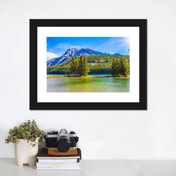 Two Jack Lake In Rocky Mountains Canvas Wall Art-1 Piece-Framed Print-20" x 16"-Tiaracle