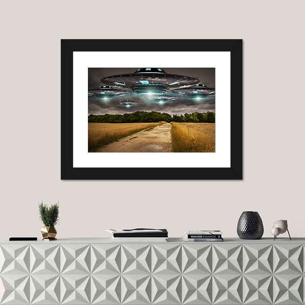 UFO Invasion On Earth Canvas Wall Art-1 Piece-Framed Print-42" x 14"-Tiaracle