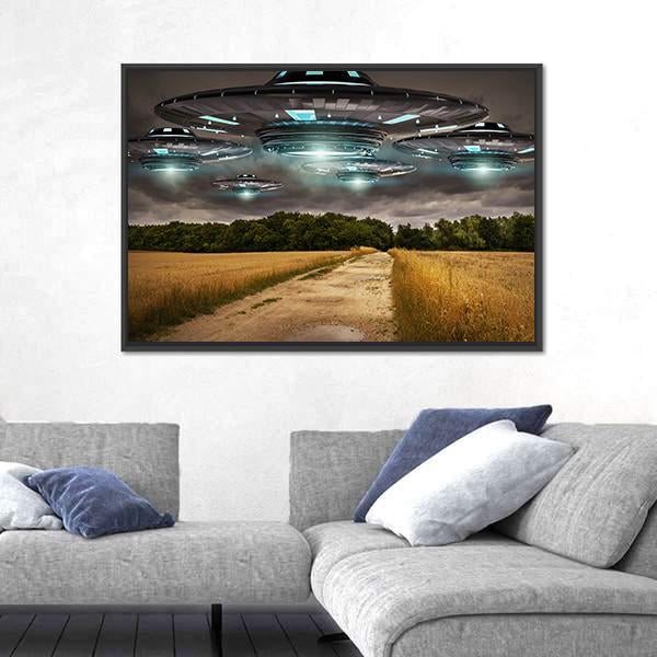 UFO Invasion On Earth Canvas Wall Art-5 Horizontal-Gallery Wrap-22" x 12"-Tiaracle