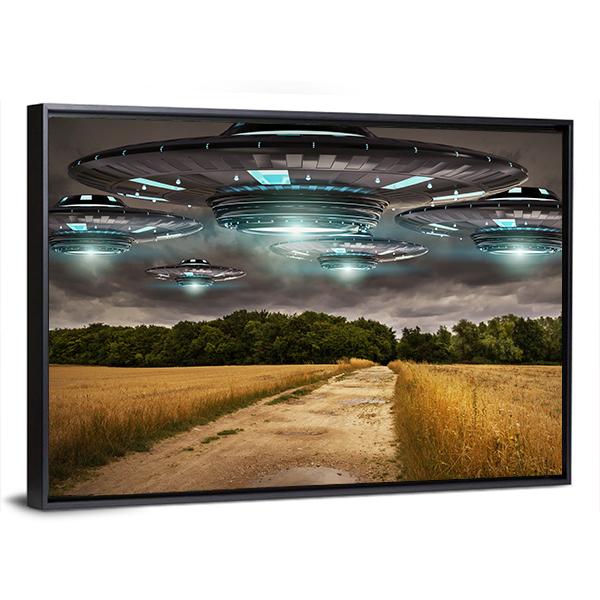 UFO Invasion On Earth Canvas Wall Art-5 Horizontal-Gallery Wrap-22" x 12"-Tiaracle