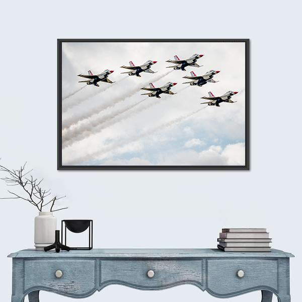 USA Air Force Thunderbird In Air Canvas Wall Art-1 Piece-Floating Frame-36" x 24"-Tiaracle
