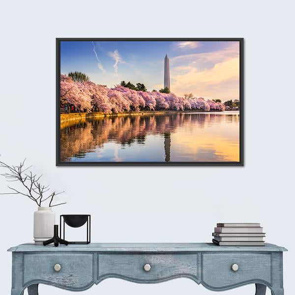 USA At Tidal Basin With Washington Monument Canvas Wall Art-1 Piece-Floating Frame-36" x 24"-Tiaracle
