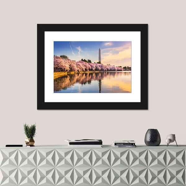 USA At Tidal Basin With Washington Monument Canvas Wall Art-1 Piece-Framed Print-42" x 14"-Tiaracle