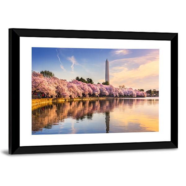 USA At Tidal Basin With Washington Monument Canvas Wall Art-5 Horizontal-Gallery Wrap-22" x 12"-Tiaracle
