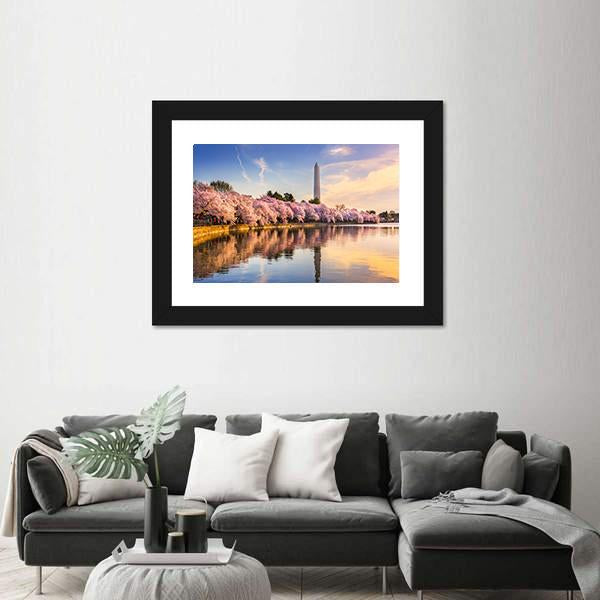 USA At Tidal Basin With Washington Monument Canvas Wall Art-5 Horizontal-Gallery Wrap-22" x 12"-Tiaracle