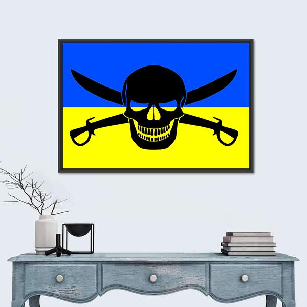 Ukrainian Flag With Black Pirate Jolly Roger Canvas Wall Art-1 Piece-Floating Frame-36" x 24"-Tiaracle