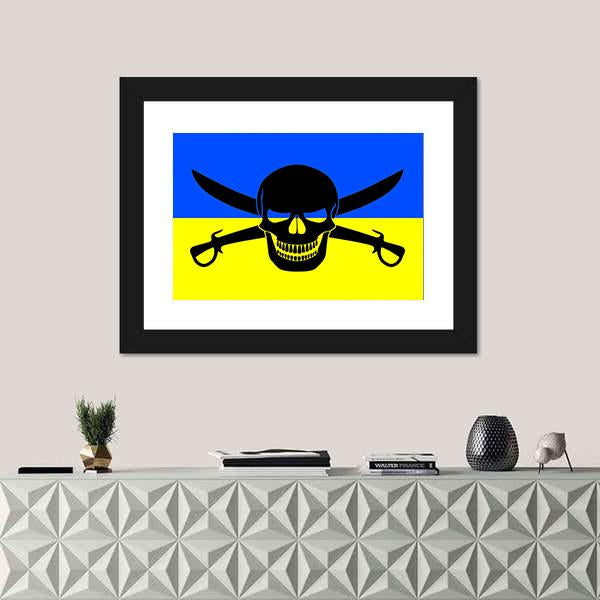 Ukrainian Flag With Black Pirate Jolly Roger Canvas Wall Art-1 Piece-Framed Print-42" x 14"-Tiaracle