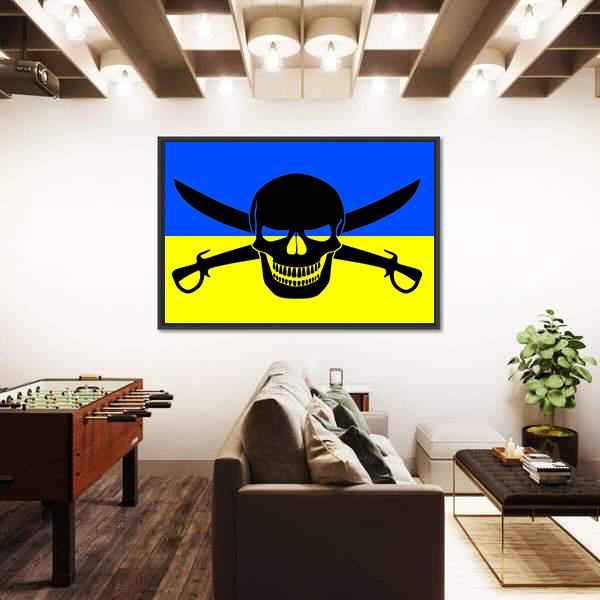 Ukrainian Flag With Black Pirate Jolly Roger Canvas Wall Art-5 Horizontal-Gallery Wrap-22" x 12"-Tiaracle