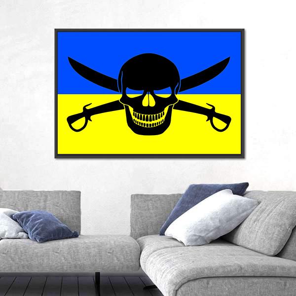 Ukrainian Flag With Black Pirate Jolly Roger Canvas Wall Art-5 Horizontal-Gallery Wrap-22" x 12"-Tiaracle