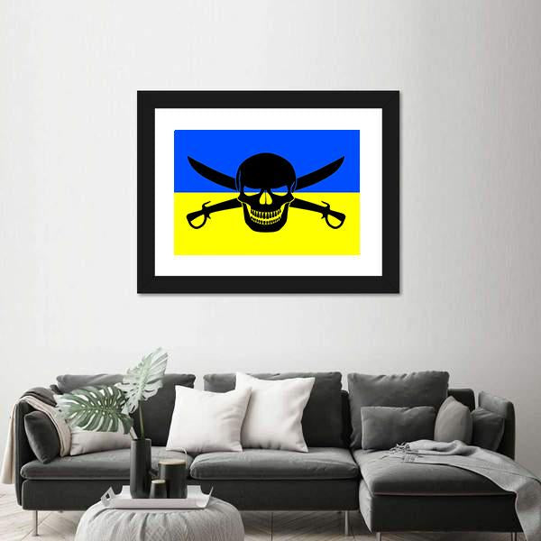 Ukrainian Flag With Black Pirate Jolly Roger Canvas Wall Art-5 Horizontal-Gallery Wrap-22" x 12"-Tiaracle