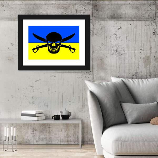 Ukrainian Flag With Black Pirate Jolly Roger Canvas Wall Art-5 Horizontal-Gallery Wrap-22" x 12"-Tiaracle