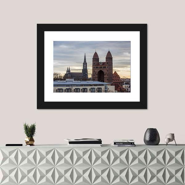 Ulm Minster And The Church Of The Garrison Canvas Wall Art-1 Piece-Framed Print-42" x 14"-Tiaracle