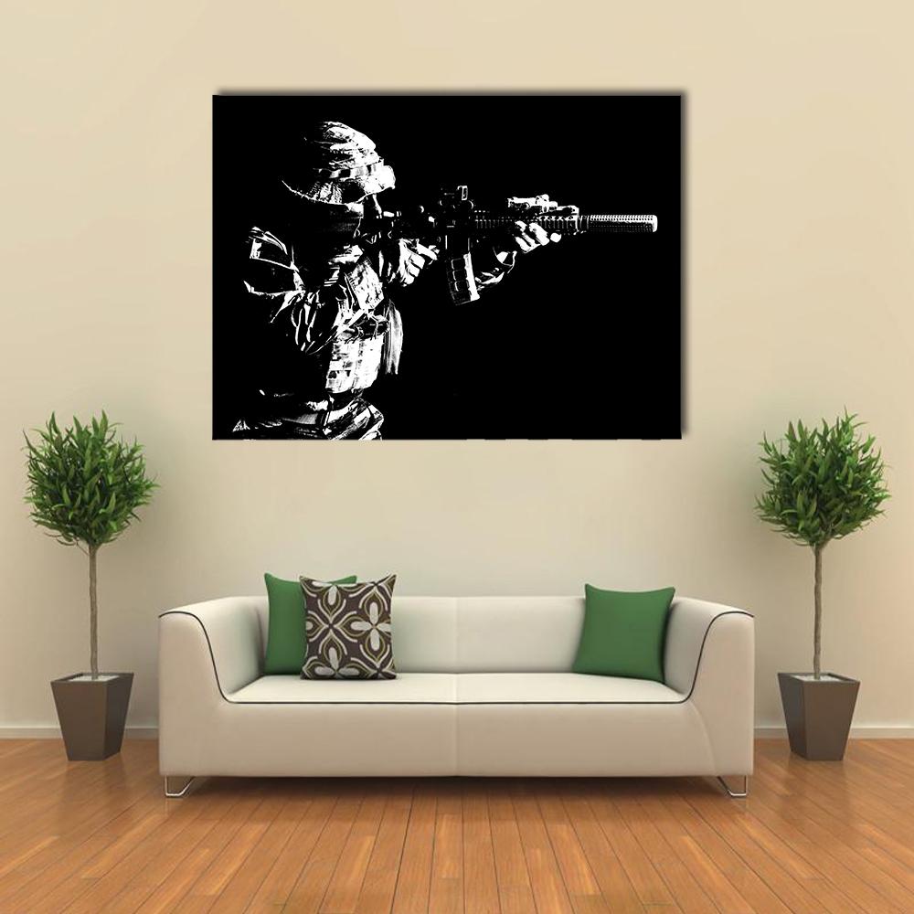 United States Special Forces Soldier Canvas Wall Art in black and white, single panel hung on a wall