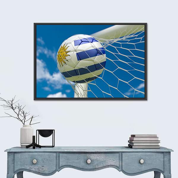 Uruguay Flag And Soccer Ball In Goal Canvas Wall Art-1 Piece-Floating Frame-36" x 24"-Tiaracle