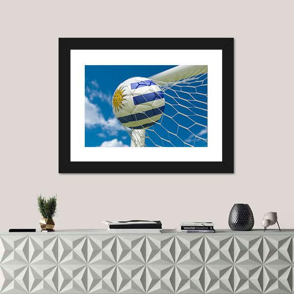 Uruguay Flag And Soccer Ball In Goal Canvas Wall Art-1 Piece-Framed Print-30" x 20"-Tiaracle