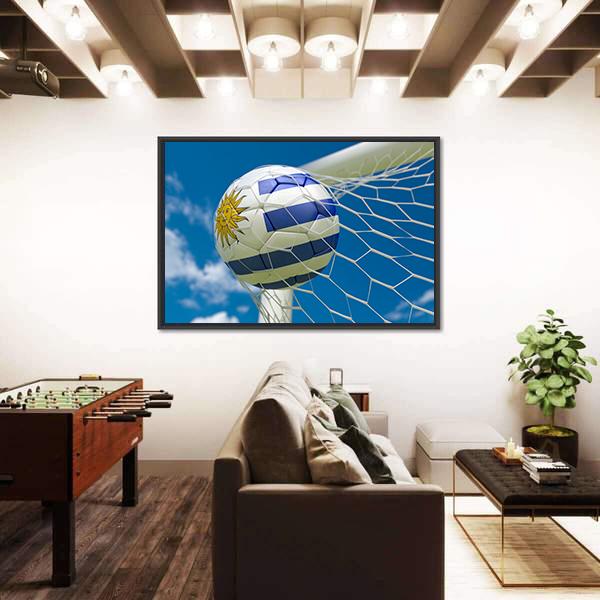 Uruguay Flag And Soccer Ball In Goal Canvas Wall Art-5 Horizontal-Gallery Wrap-22" x 12"-Tiaracle