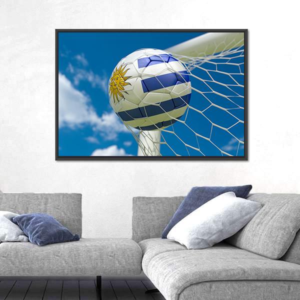 Uruguay Flag And Soccer Ball In Goal Canvas Wall Art-5 Horizontal-Gallery Wrap-22" x 12"-Tiaracle