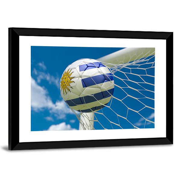 Uruguay Flag And Soccer Ball In Goal Canvas Wall Art-5 Horizontal-Gallery Wrap-22" x 12"-Tiaracle