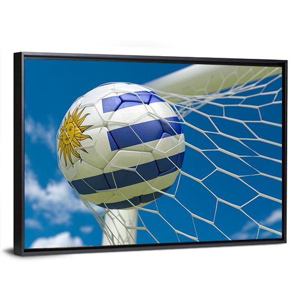 Uruguay Flag And Soccer Ball In Goal Canvas Wall Art-5 Horizontal-Gallery Wrap-22" x 12"-Tiaracle