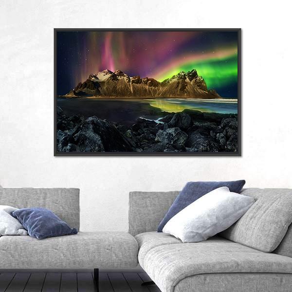 Vestrahorn Mountain Range And Aurora Borealis Canvas Wall Art-5 Horizontal-Gallery Wrap-22" x 12"-Tiaracle