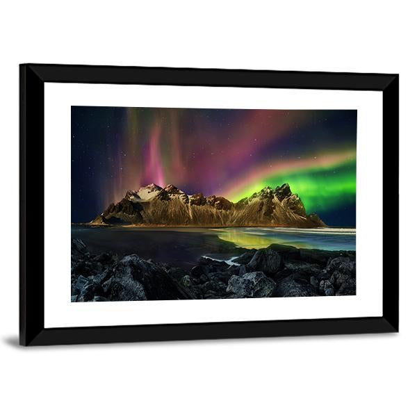 Vestrahorn Mountain Range And Aurora Borealis Canvas Wall Art-5 Horizontal-Gallery Wrap-22" x 12"-Tiaracle