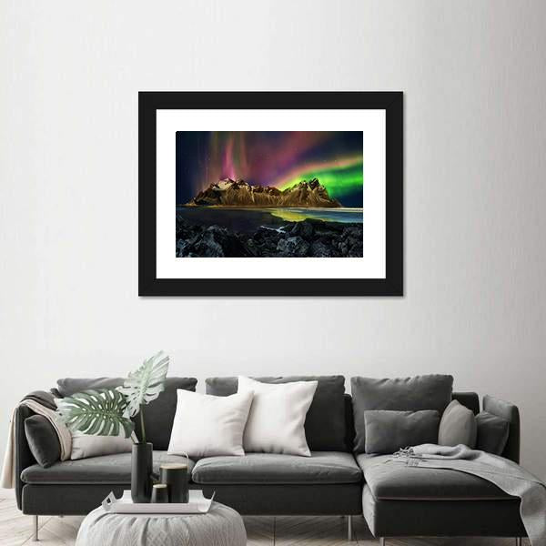 Vestrahorn Mountain Range And Aurora Borealis Canvas Wall Art-5 Horizontal-Gallery Wrap-22" x 12"-Tiaracle