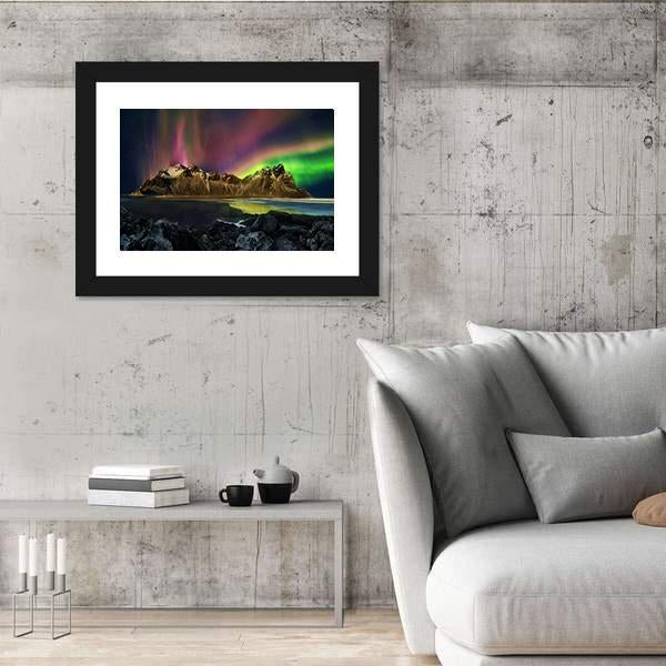 Vestrahorn Mountain Range And Aurora Borealis Canvas Wall Art-5 Horizontal-Gallery Wrap-22" x 12"-Tiaracle