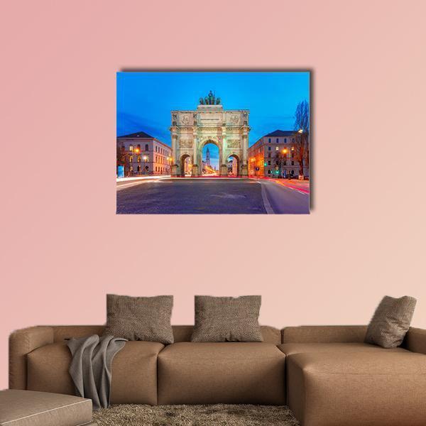 Siegestor Triumphal Arch at Twilight Canvas Wall Art in beige, orange and blue, single panel hung on a wall