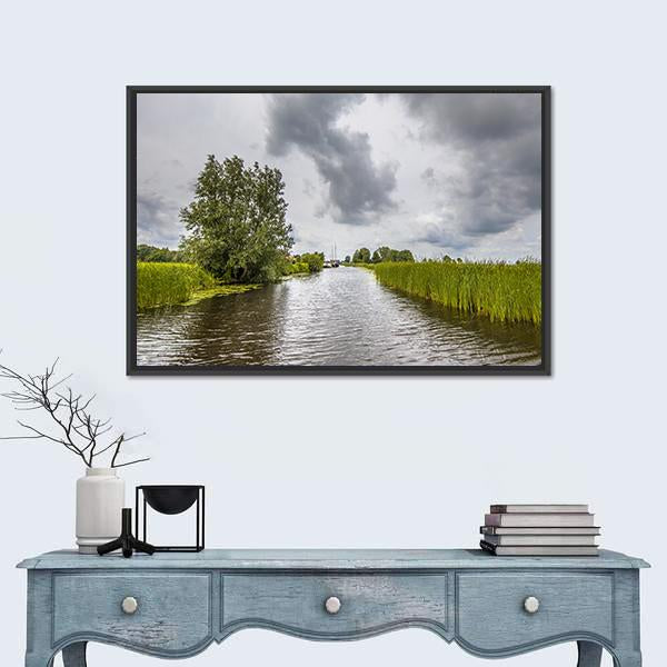 View In Canal Banks With Reeds And Typha Canvas Wall Art-1 Piece-Floating Frame-24" x 16"-Tiaracle