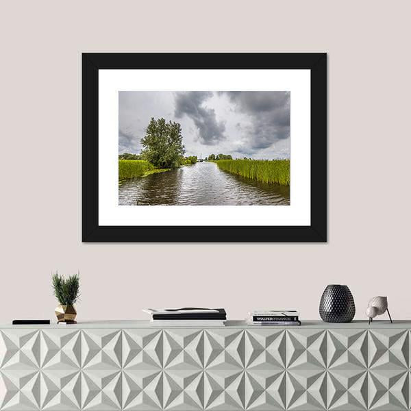 View In Canal Banks With Reeds And Typha Canvas Wall Art-1 Piece-Framed Print-20" x 16"-Tiaracle