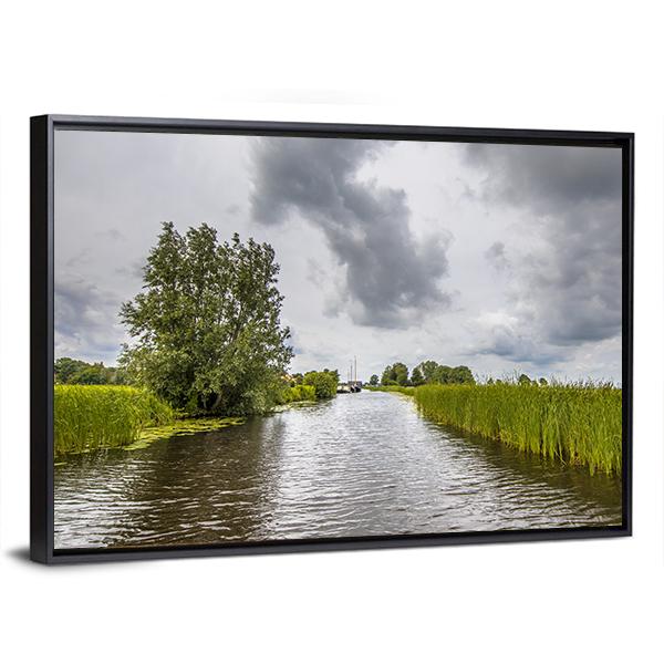 View In Canal Banks With Reeds And Typha Canvas Wall Art-3 Horizontal-Gallery Wrap-25" x 16"-Tiaracle