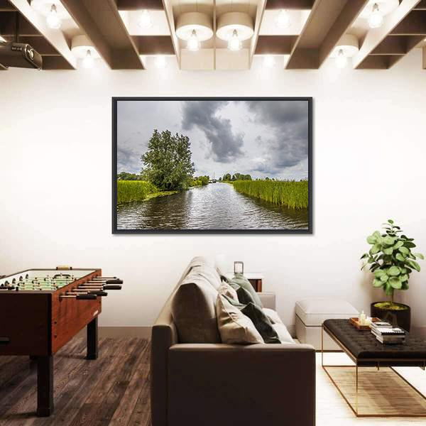 View In Canal Banks With Reeds And Typha Canvas Wall Art-3 Horizontal-Gallery Wrap-25" x 16"-Tiaracle