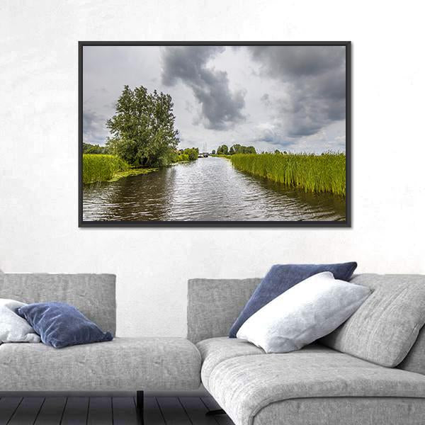 View In Canal Banks With Reeds And Typha Canvas Wall Art-3 Horizontal-Gallery Wrap-25" x 16"-Tiaracle