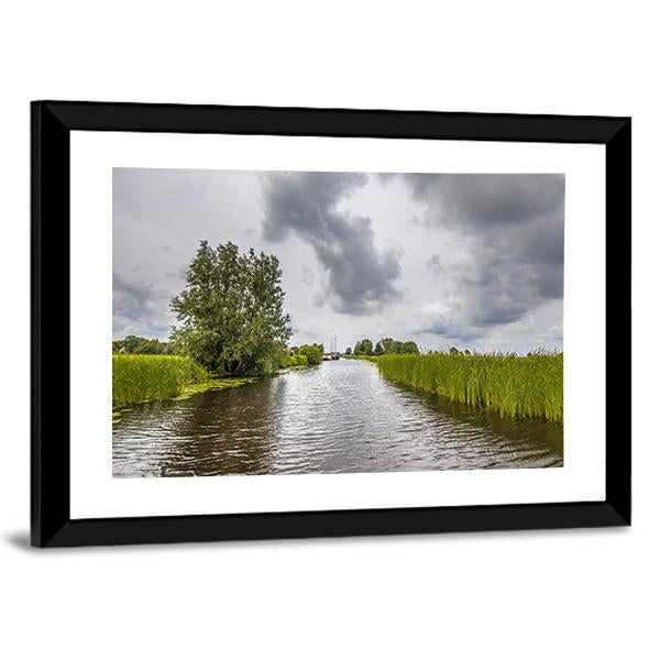 View In Canal Banks With Reeds And Typha Canvas Wall Art-3 Horizontal-Gallery Wrap-25" x 16"-Tiaracle