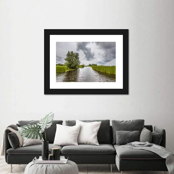 View In Canal Banks With Reeds And Typha Canvas Wall Art-3 Horizontal-Gallery Wrap-25" x 16"-Tiaracle