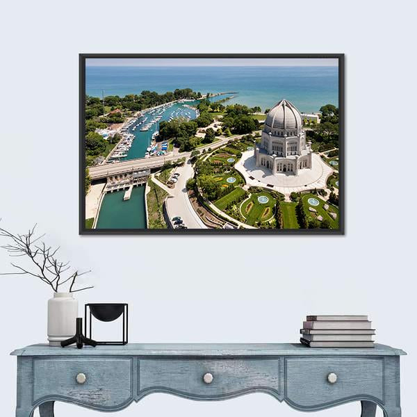 View Of Baha'i Temple And Wilmette Harbor Canvas Wall Art-1 Piece-Floating Frame-36" x 24"-Tiaracle